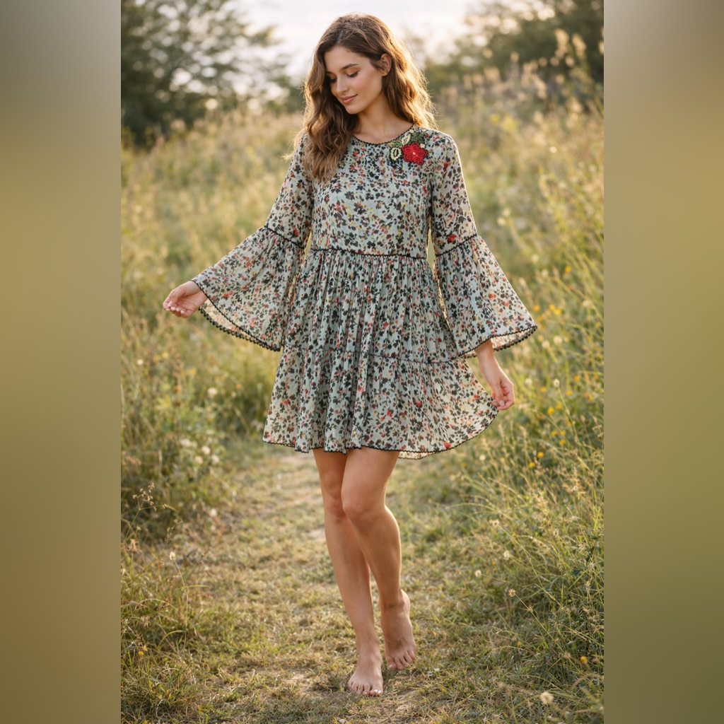 Bhanuni Jyoti Anthropologie Dress Sz 2 Whimsigoth Embroidered Bell Sleeve Boho